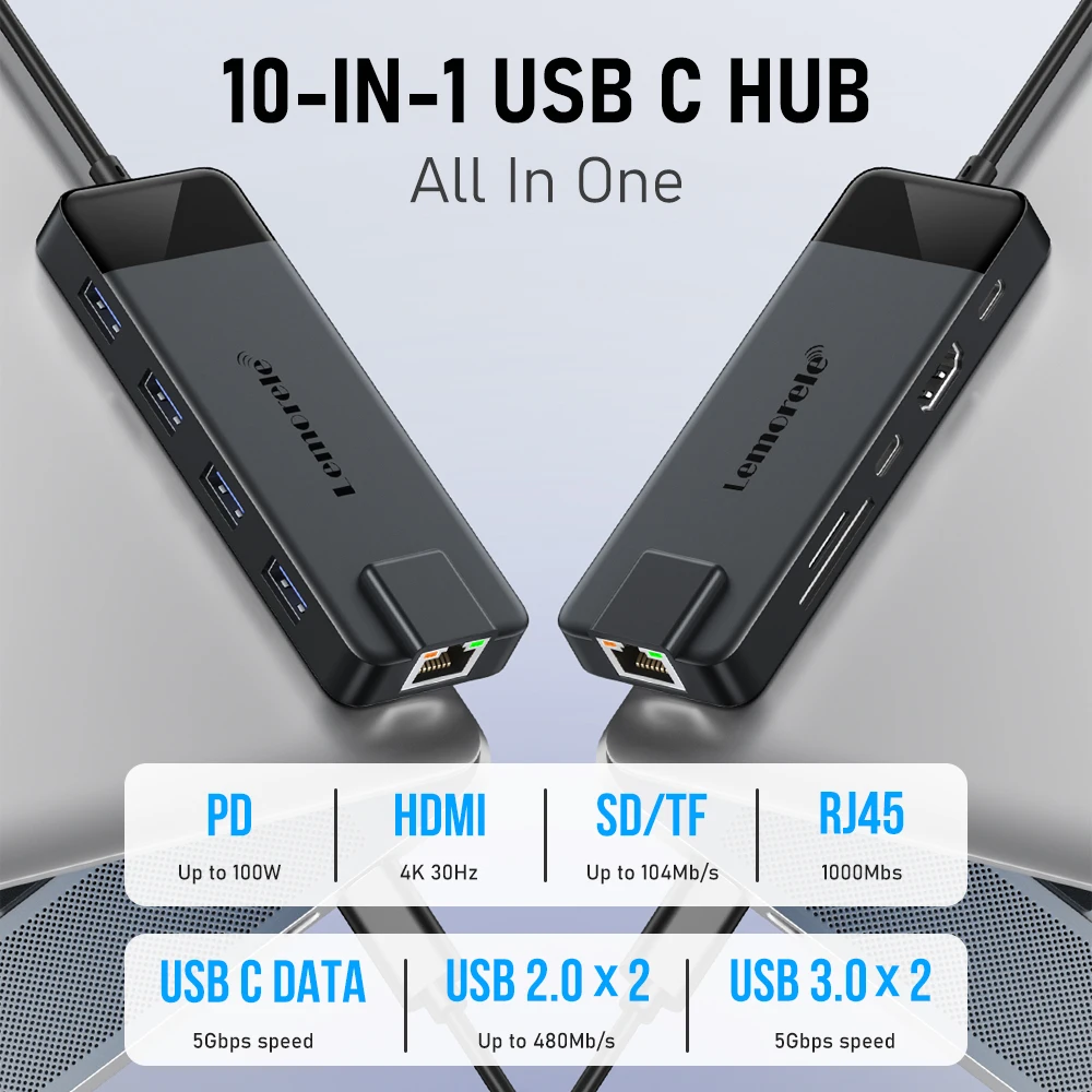Lemorele 10Ports USB C Hub Type C to HDMI 4K RJ45 PD 100W Adapter Docking Station for Mac USB 2.0 3.0 Hub Laptop Tablet Accessor