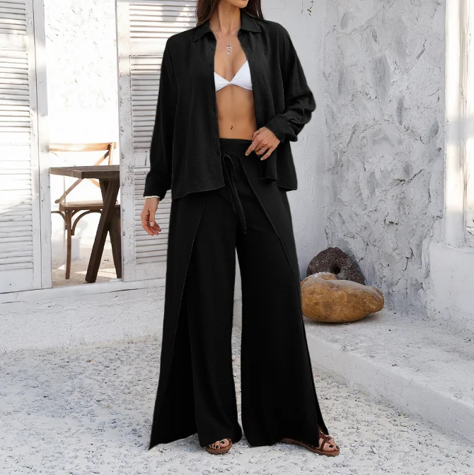 

Elegant Women's 2-Piece Set 2025 Spring Leisure Vacation Style Solid Color Shirt Wide Leg Pants Fashion Retro Elegant Pants Set