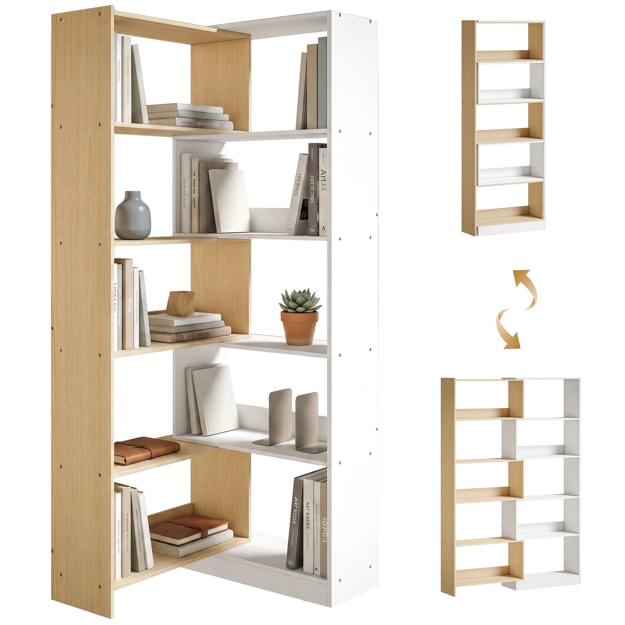 HOMCOM Estantería Expandible 5 Niveles, Librería para Libros Giratoria 350°, Ancho Ajustable, Convertible en en L, Recta o Compacta para Salón, Dormitorio, Estudio 111,5x23,8x163,7 cm Natural y Blanco