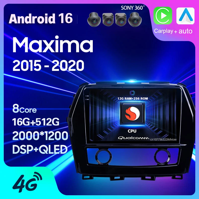 Radio para Auto Android 16 con Carplay de 8 Núcleos para Nissan Maxima A36 2015 2016 - 2019 2020, Autoradio GPS Multimedia, Reproductor 2Din, Estéreo, Video