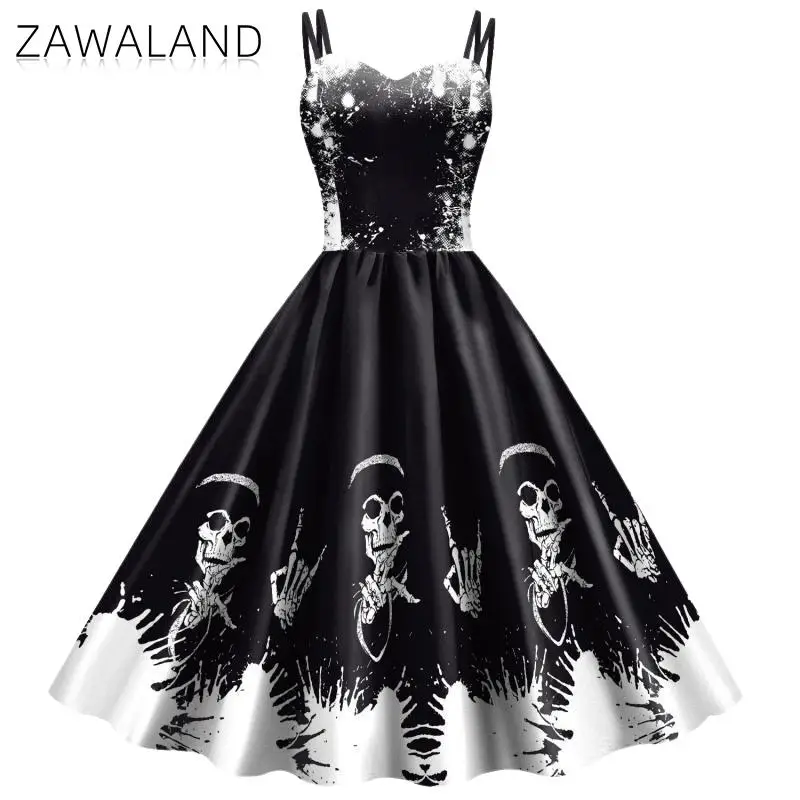 Zawaland Halloween Fancy Skeleton Rose Print Women Dress Girl Carnival Party Dresses Female Goth Horror Costume Rockabilly Dress