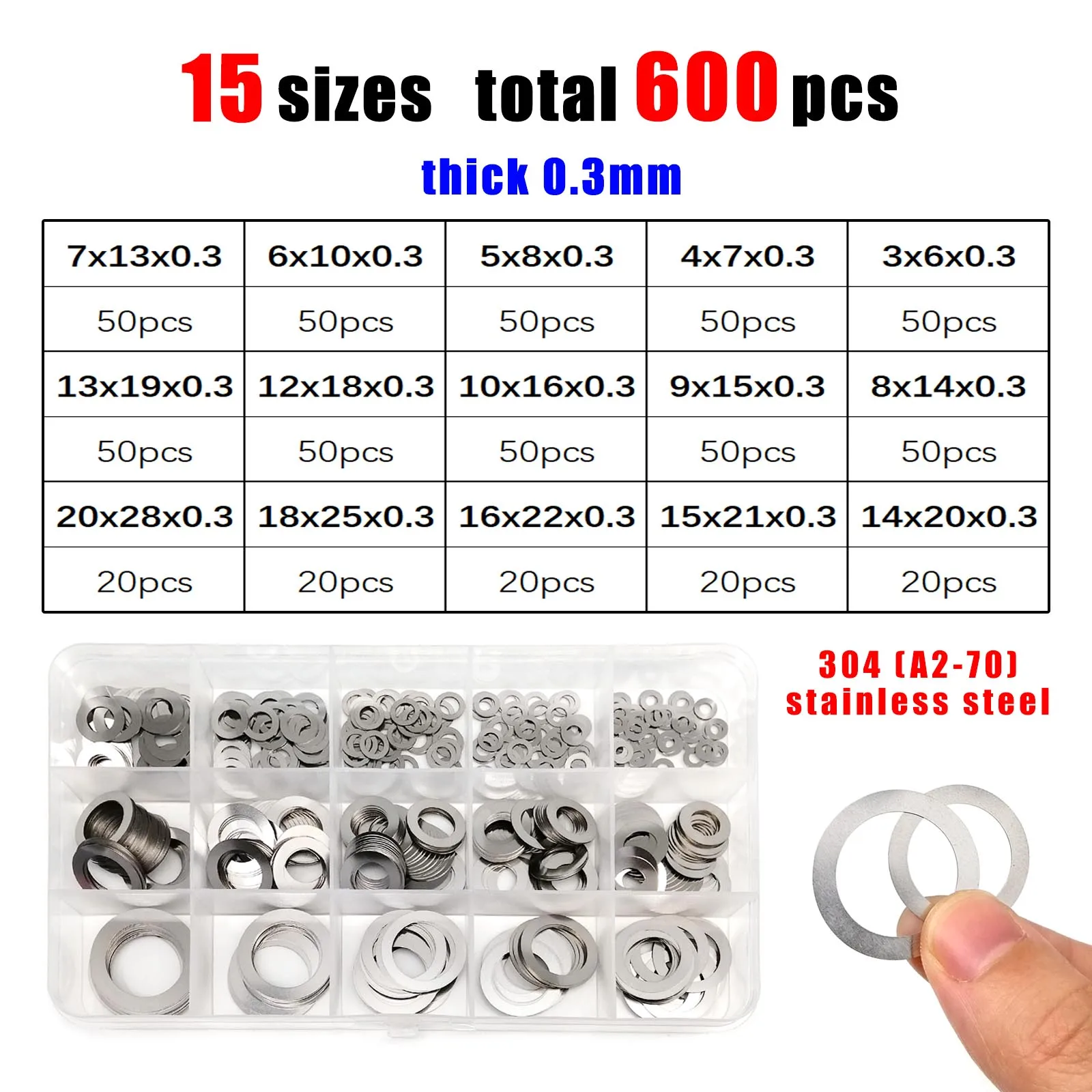 1 Box ultradünne, verstellbare Unterlegscheiben, verschiedene Größen: 0,1 mm, 0,2 mm, 0,3 mm, M3 bis M20, ultradünnes Flachdichtungsset, Edelstahl 304 – Detail 11