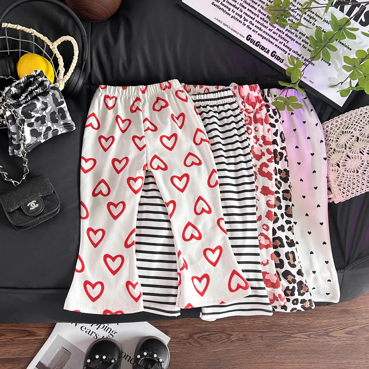 Spring Autumn Girls Heart Flared Pants Leopard Kids Trousers Fashion Children Pants
