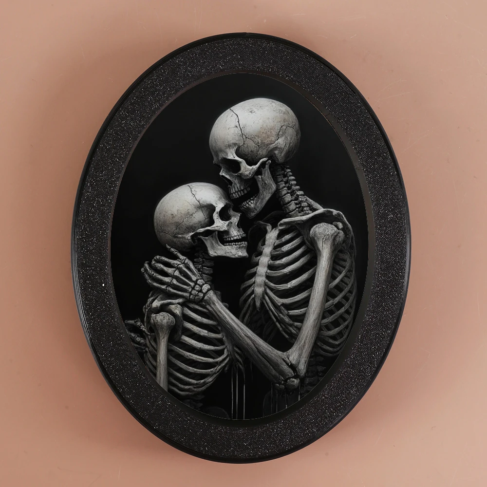 1 Piece Dark Gothic - style Oval Decoration, Retro Black Frame Shows Embracing Skulls Scene, Creates Eternal Romantic Atmosphere