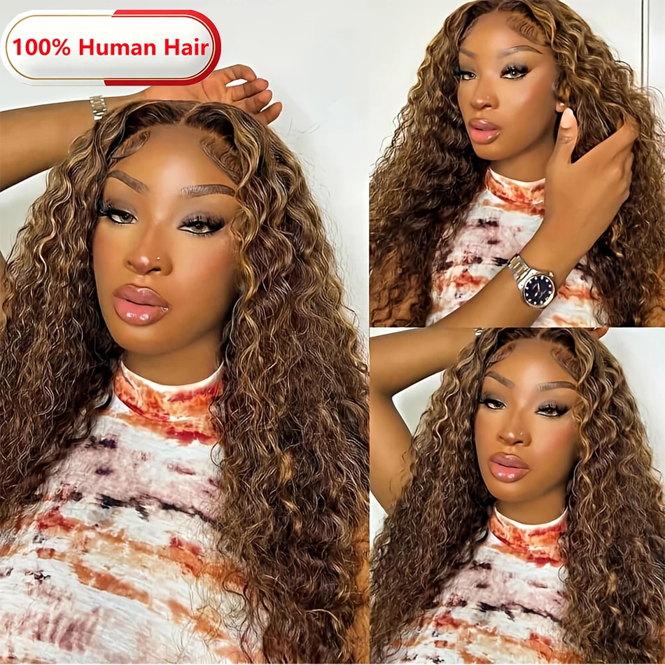 13x4 Highlight Ombre Curly Human Hair Wig Pre-Plucked Honey Blonde 13x6 Deep Wave HD Lace Frontal Wigs for Women