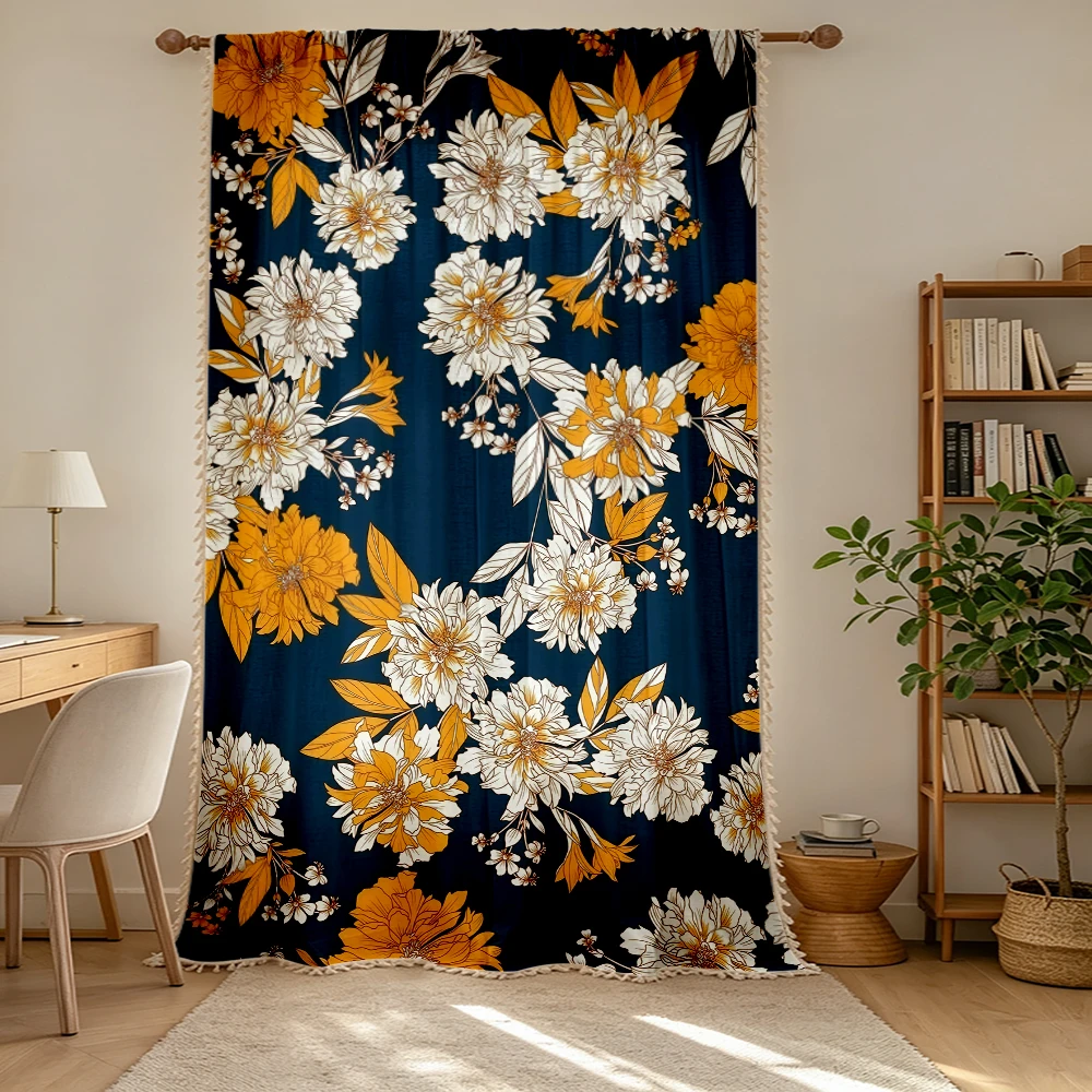 1PC Floral Tassel Sheer Curtains, Navy Gold White Chrysanthemum, Digital Print, Linen Polyester, Living Room Bedroom Decor