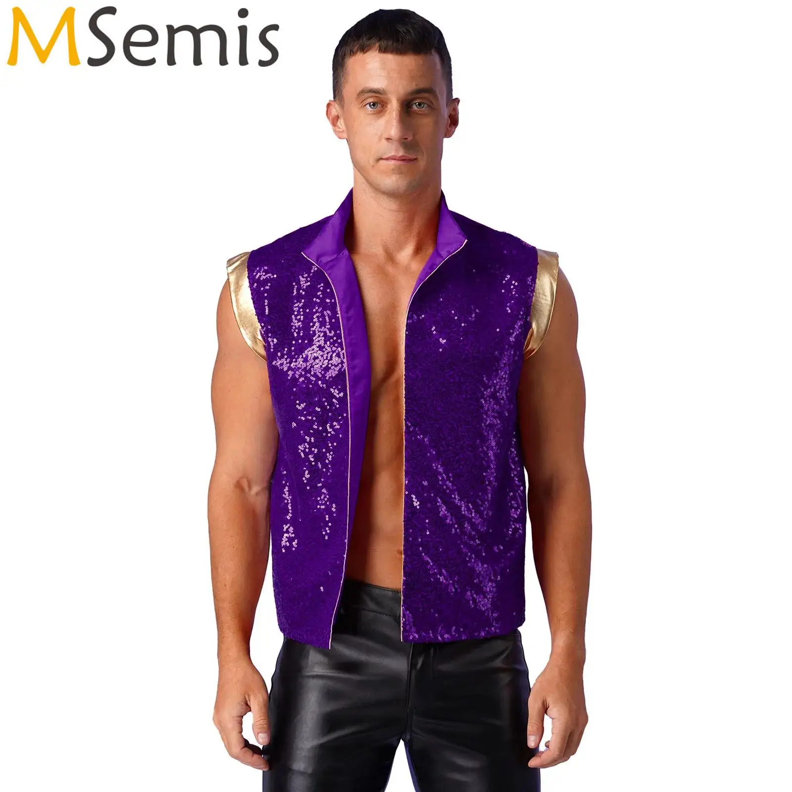 Mens Indian Arabian Prince Fairy Tales Cosplay Costume Sequined Vest Sparkly Shiny Sequin Glitter Open Front Metallic Waistcoat