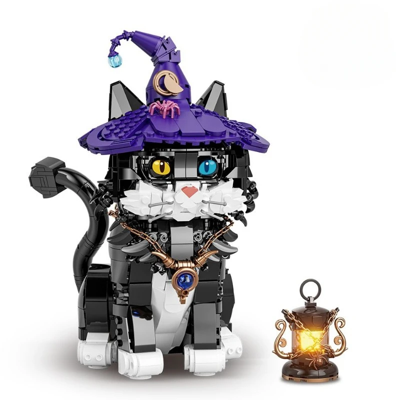 New in Magic Cat Building Blocks Cool And Hats Eyes Can Change Color Assembe Model Collector ornament Set For Kids Gift