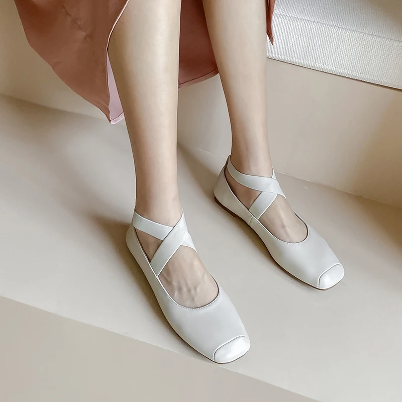 2022 Spring Women Ballet Flats Soft Leather Daily Flat Shoes Comfortable Low Heeled Outwear Woman Casual Shoes With Square Toe