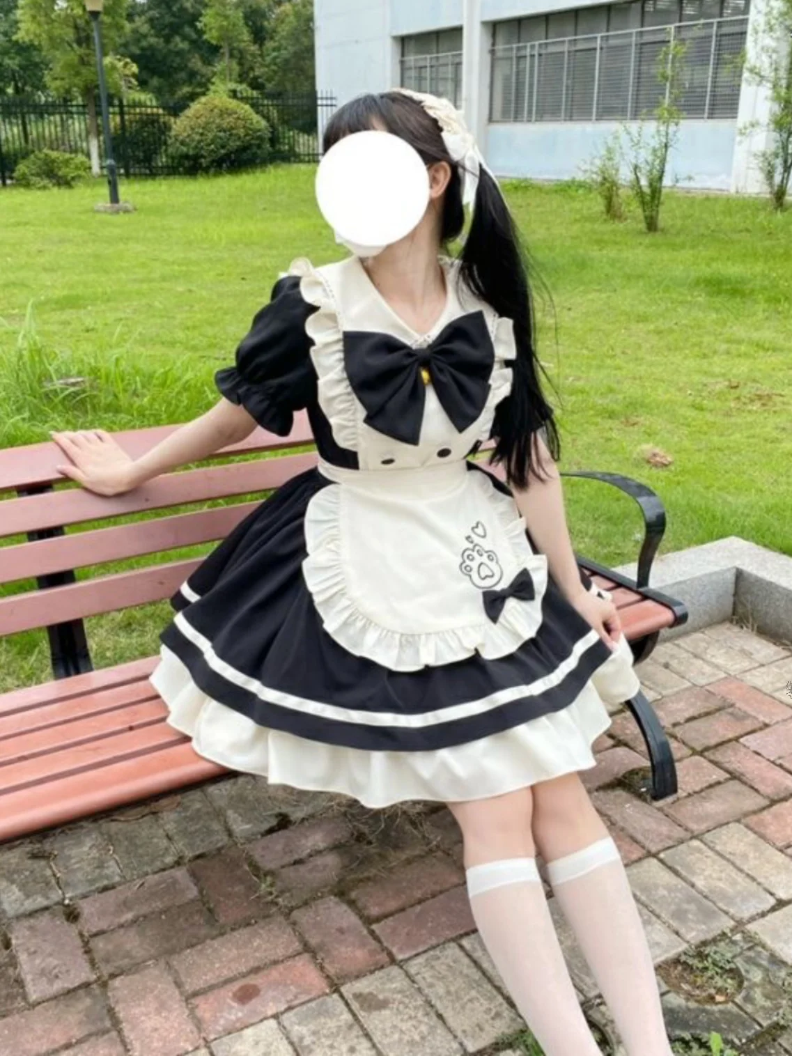 Doux mignon grande taille femme de chambre Lolita Restaurant ami t-shirt couleur cloche ort Sve tablier Dr ensemble chinois Sle dentelle a-li...