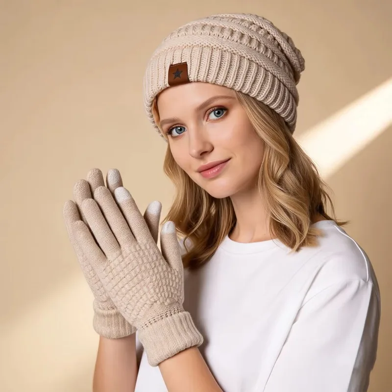 1-4Sets Knitted Hat Womens Winter Warm Hat Thick Fleece Lined Touchscreen Gloves Pom Pom Set for Cold Weather Outdoor Activit