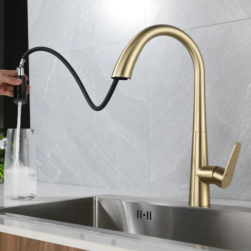 Pull Out Kitchen Faucet Brush Gold Sink Mixer Tap 360 degree Rotation Kitchen Mixer Taps Kitchen Tap No Lead 304 SUS Material