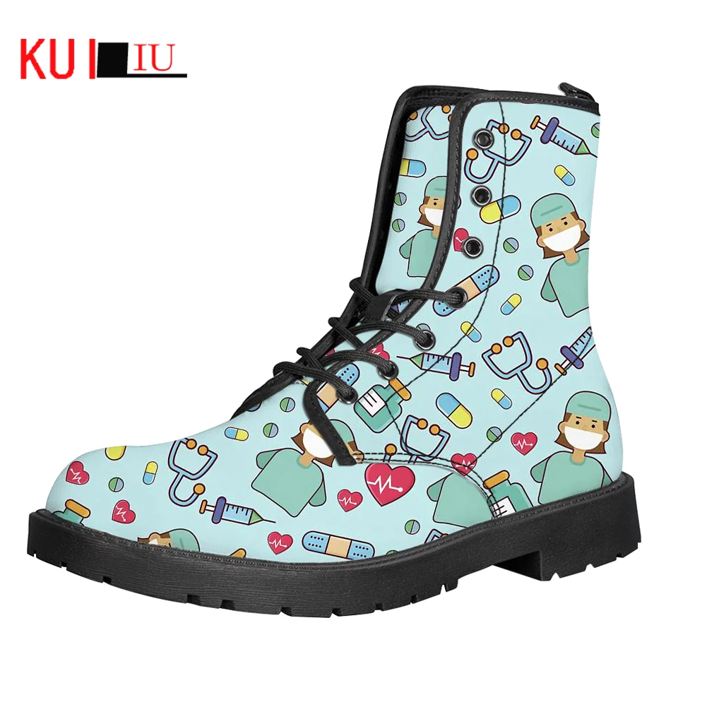 

KUILIU Women Cartoon Nurse Boots Low Heels Shoes Medical Heart Beat Brand Design Fashion Pu Leather Autumn Warm high Top Boots