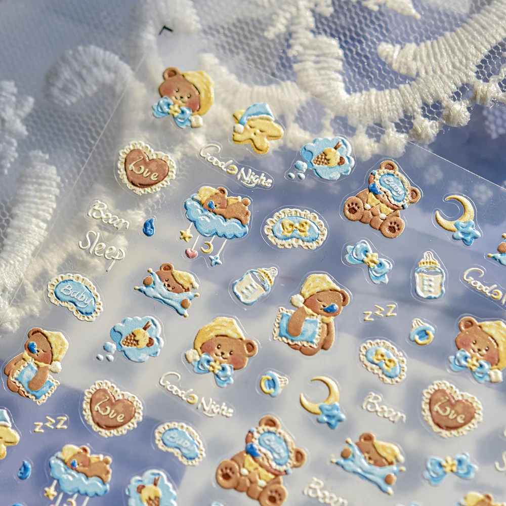 

Japanese Kawaii Sleepy Bear Goodnight Nail Stickers Stars Baby Bottle Pacifier Love Heart Bowknot 5D Cute Cartoon Nail Art Decal