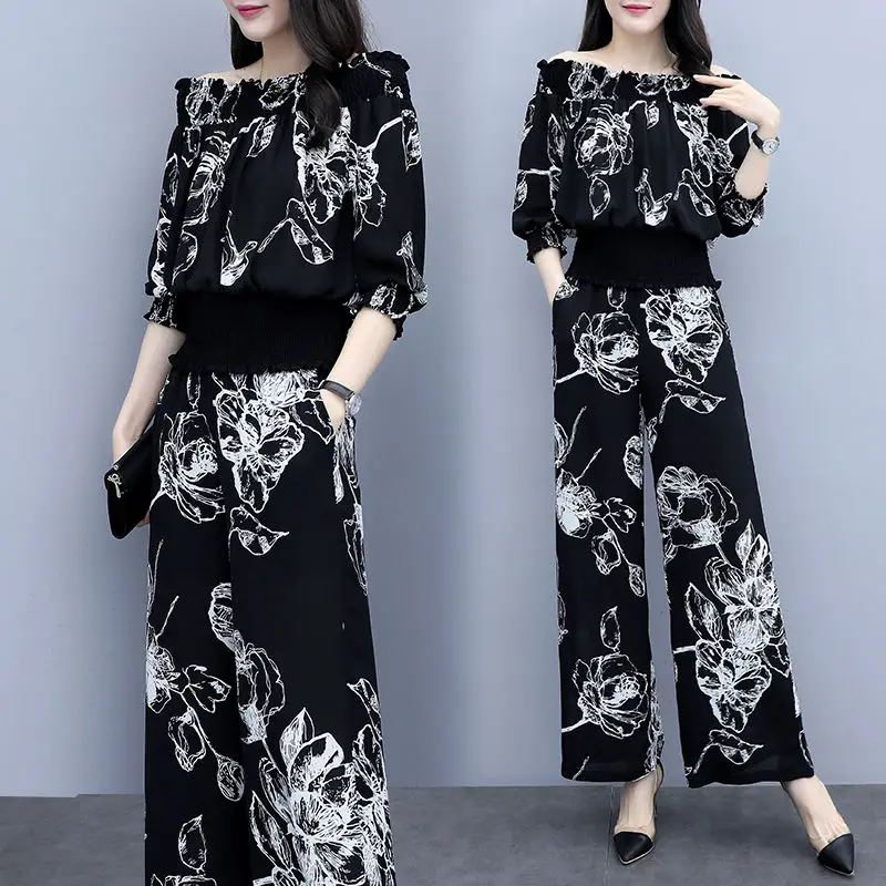 Fashion Chiffon Suit Women For Summer 2024 New Pantsuits Slash Neck Slim Print Top & Wide Leg Pants 2 Piece Sets Outfits Costume