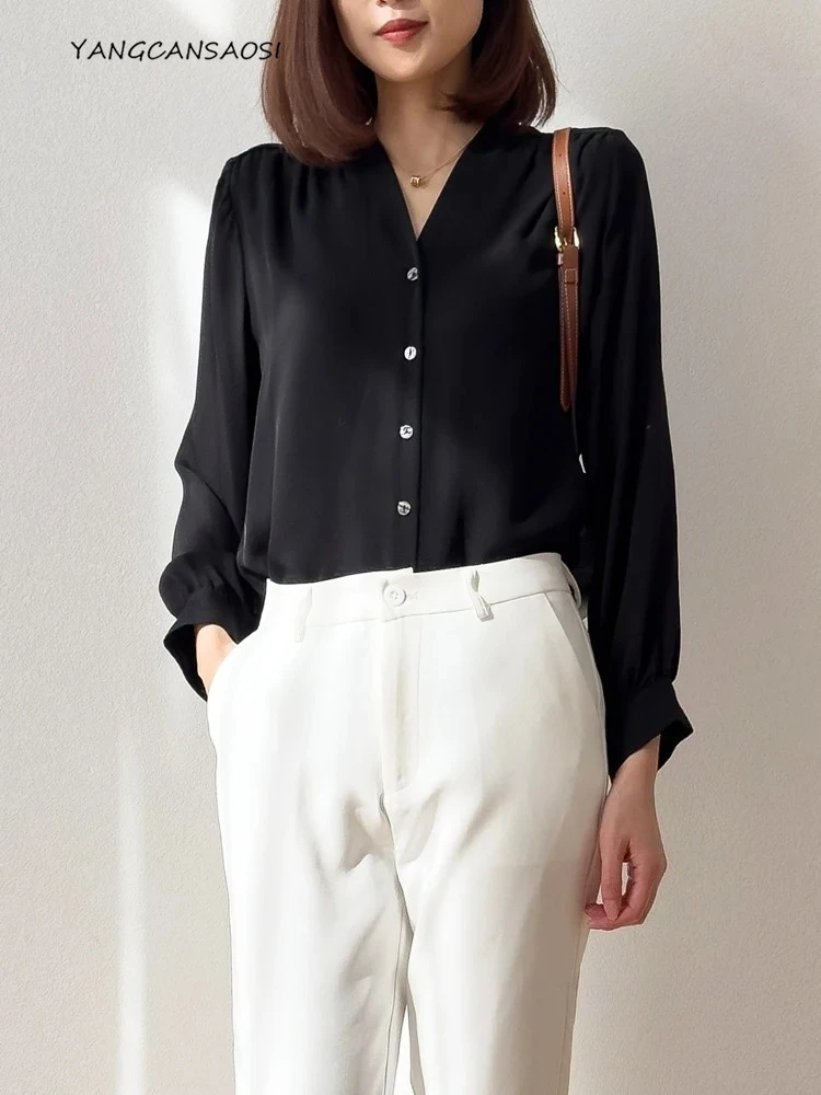 

Spring and Autumn Original Design Black Natural Mulberry Silk Single Wear Double Layered V-neck Women's Long Sleeved Shirt