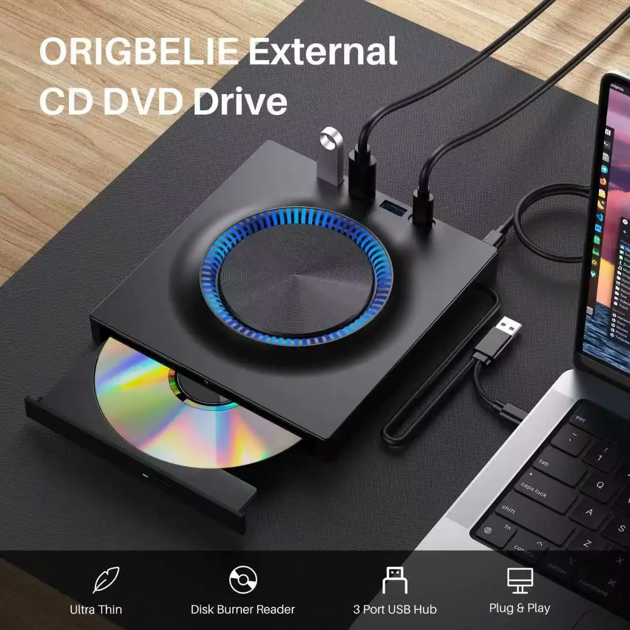 Pemutar Pembaca Drive Perekam DVD Eksternal Portabel 6in1, Kompatibel dengan Desktop dan Laptop, Ideal untuk Cadangan Data, Pemutaran Film