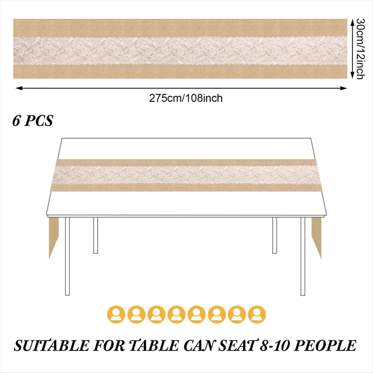 *BAAY 6 Pack Burlap Table Runner with LED Lights Lace Rustic Natural Boho Runner for Farmhouse Wedding Decor 12x108 Inches