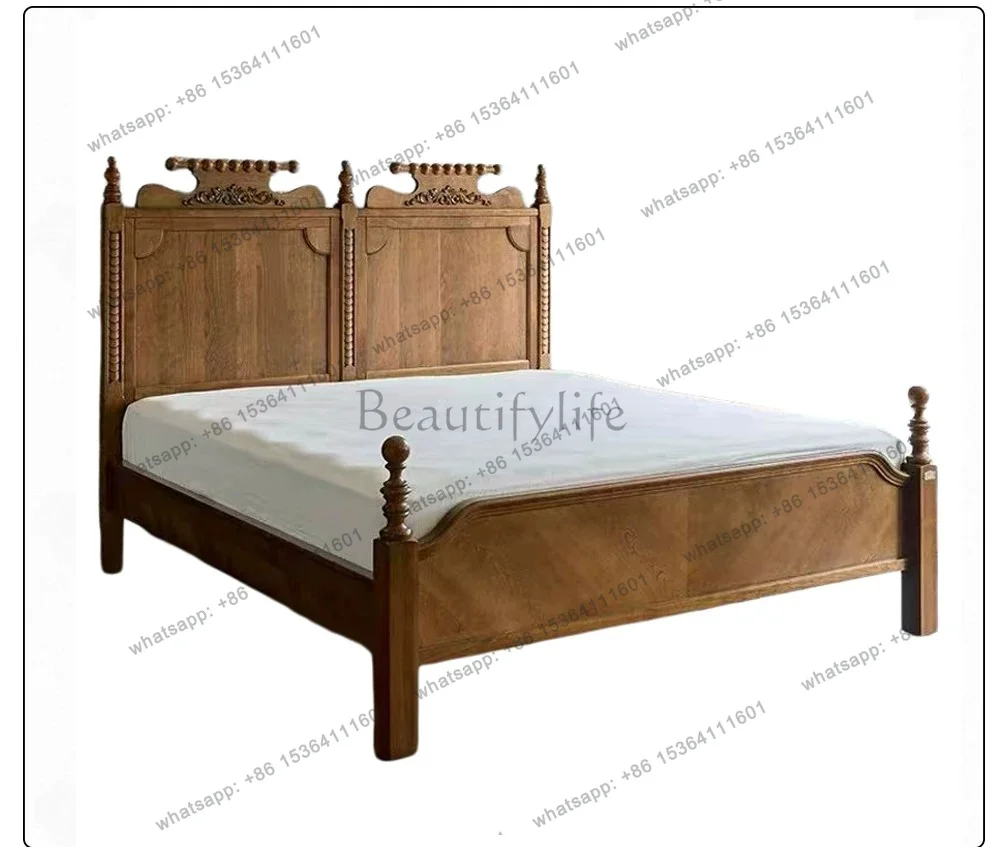 French retro solid wood carving flower bed bedroom Roman column rustic superior double bed