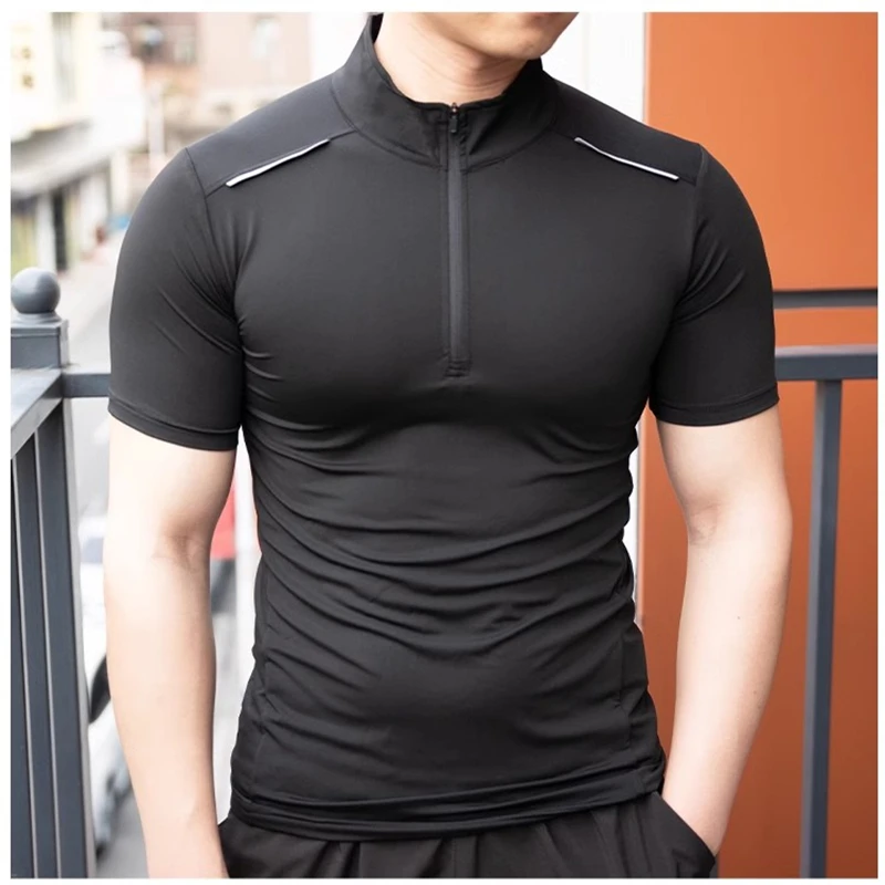 Running Tight T Shirts Men\'s Sports Gym Short Sleeve Tops with Zipper Stand Collar Tshirt Elastic Soft Moisture Wicking T-shirt