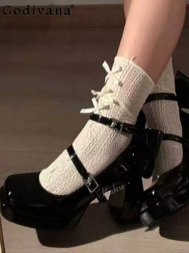 

High-End Fashion Y2K Square Toe Square Heel Women High-Heeled Shoes Spring and Autumn Hot Girl Punk Lolita Bow Buckle High Heels