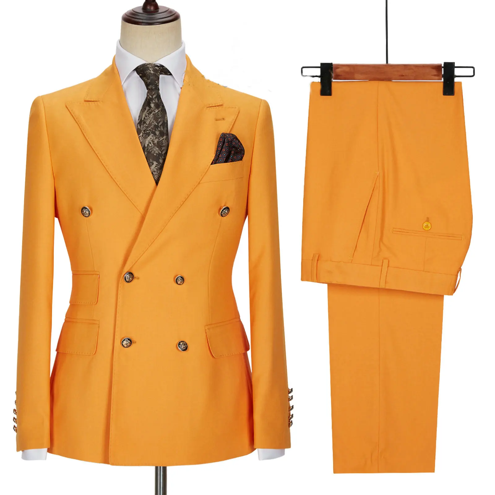 

2022 New Design Double Breasted Men Suit Orange Slim Fit Peak Lapel Wedding Suits For Men Prom Blazer Groom Tuxedo Jacket Pants