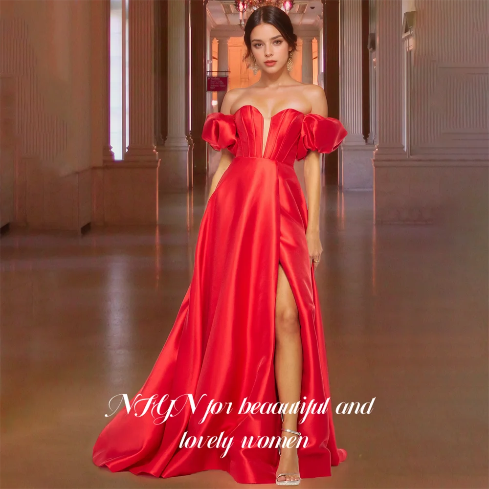 

NFYN Red A-line Sweetheart Formal Gown Stain Off the Shoulder Prom Gown for Woman Pleat Prom Dresses with High Split Customized