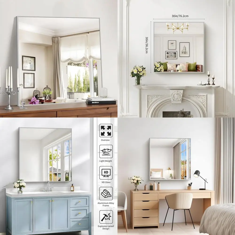 

30x30 Inch Rectangular Wall Mirror with Metal Frame, Modern Vanity Mirror for Bathroom, Living Room, and Entryway, Suitable for