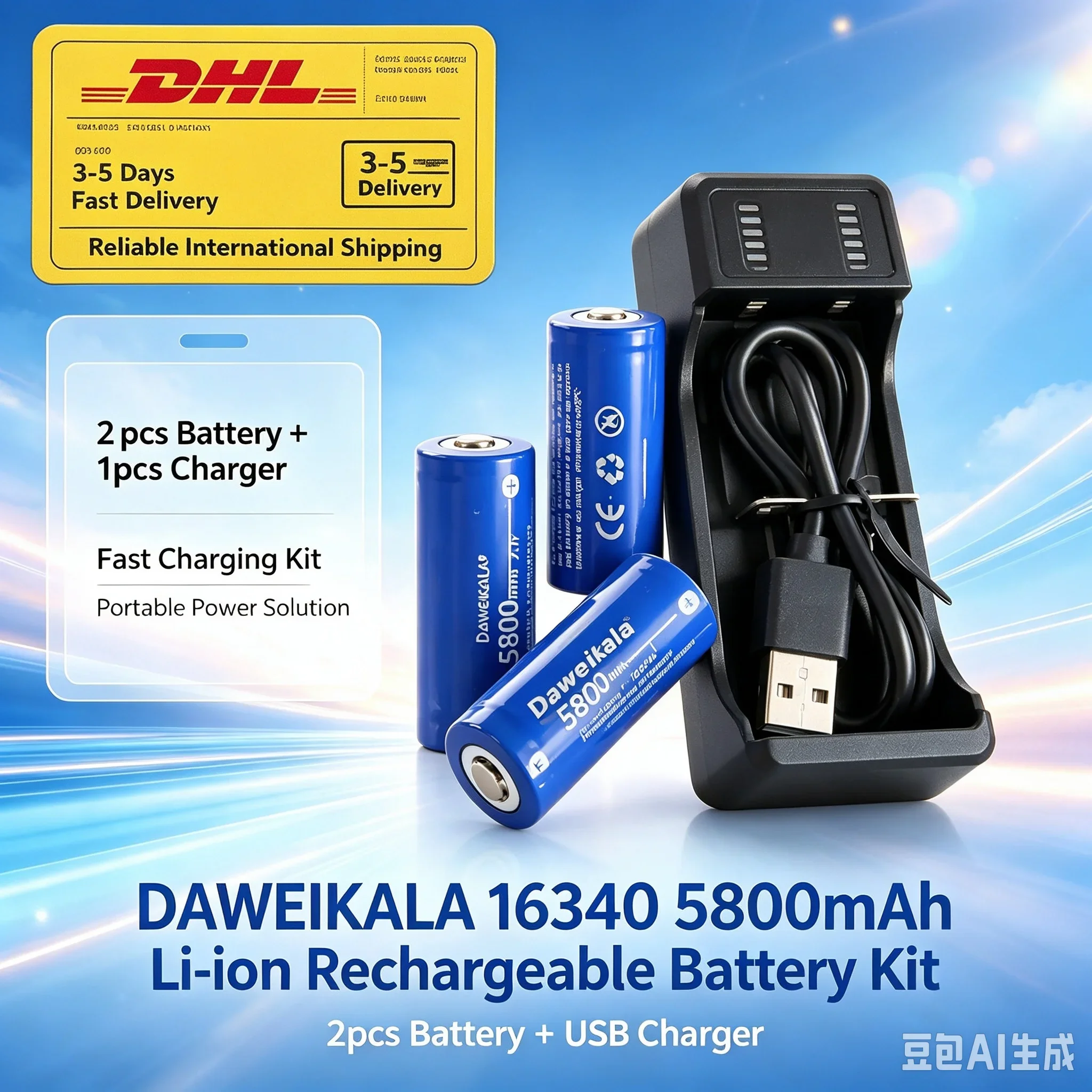 Daweikala 16340, batterie ricaricabili agli ioni di litio da 5800 mAh, confezione da 2, kit di batterie agli ioni di litio ad alta capacità da 3,7 V con caricabatterie USB a doppia porta, ideale per