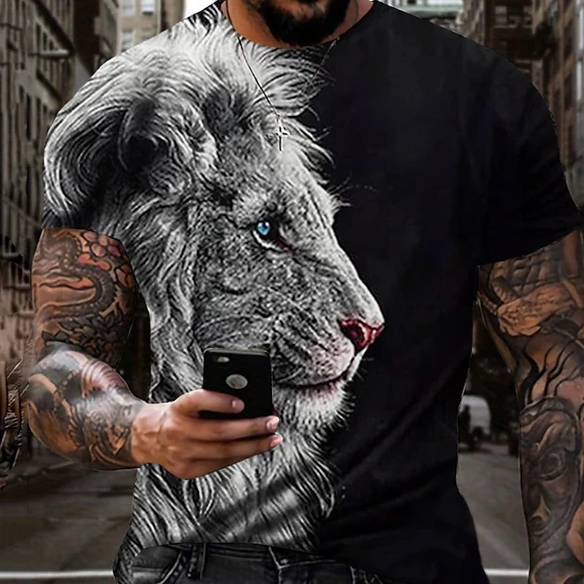 

2025 Summer New Men's Animal Lion 3D Printed Vintage Street Casual T-shirt Short Sleeve Men Women Loose Quick Dry Tees Y2k Tops