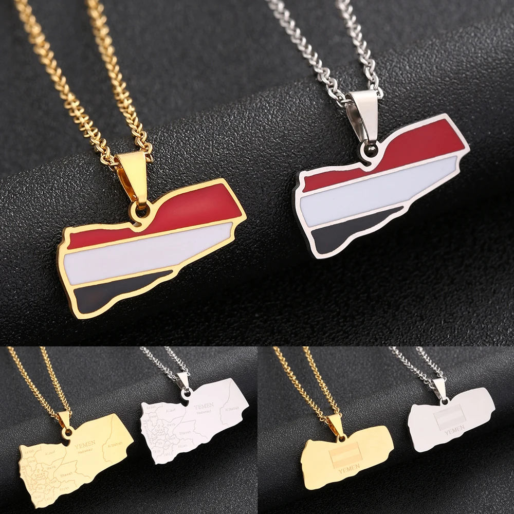 Yemen Republic Map Flag City Pendant Necklace Stainless Steel Gold/Silver Color Men Women Country Map Jewelry Gift