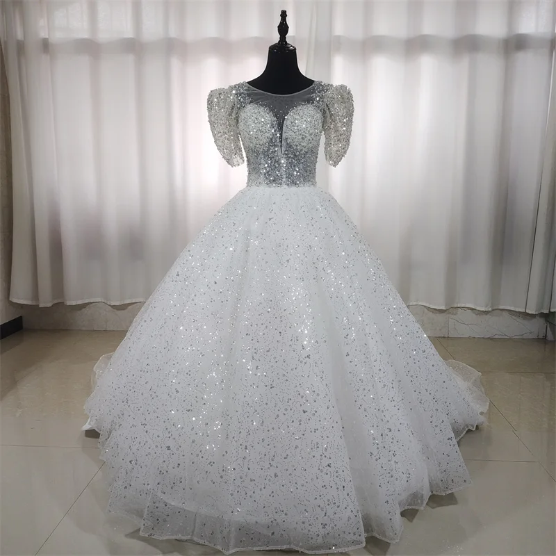 

120CM Long Train Half Sleeves Lace Up Flowers Appliques Wedding Dress For Women Elegant Ball Gown Bridal 2024 Skin Color GB055T