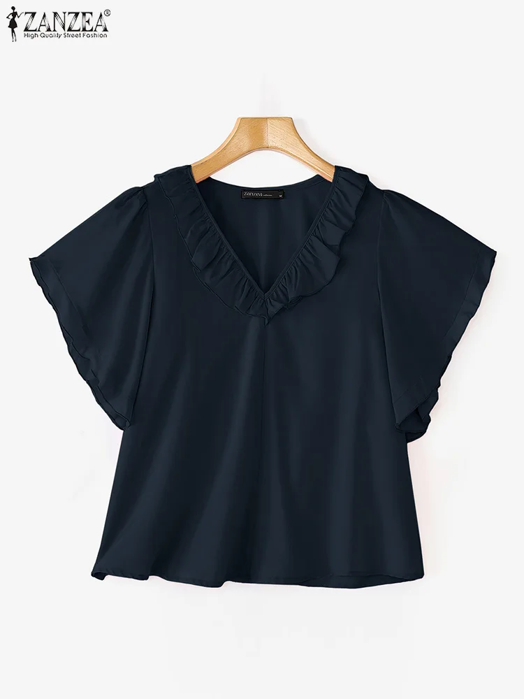 

ZANZEA Casual Loose Blouse Women Ruffled Tunic Fashion V Neck Tops 2025 Solid Color Summer Short Sleeve Blusas Femininas