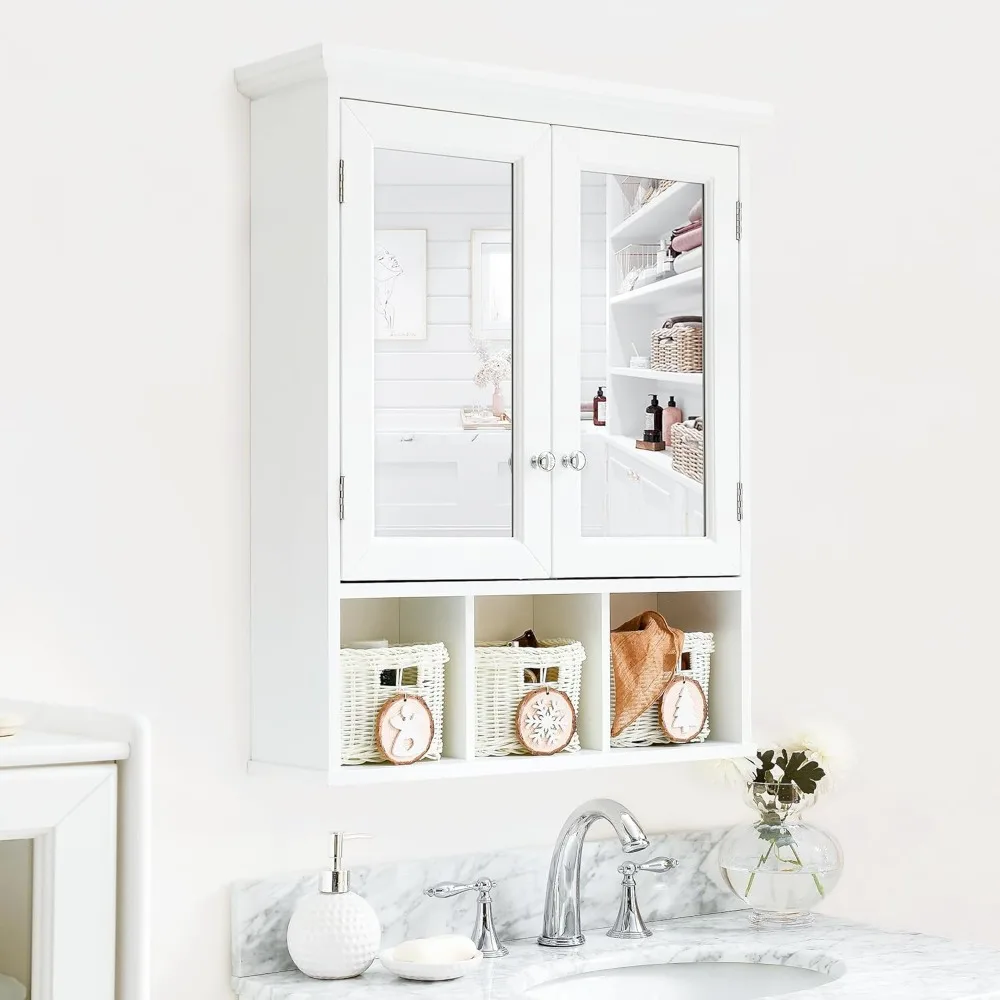 Wall Mounted Medicine Cabinet with Mirror Adjustable Shelves and Storage Baskets for Bathroom Kitchen Laundry Room