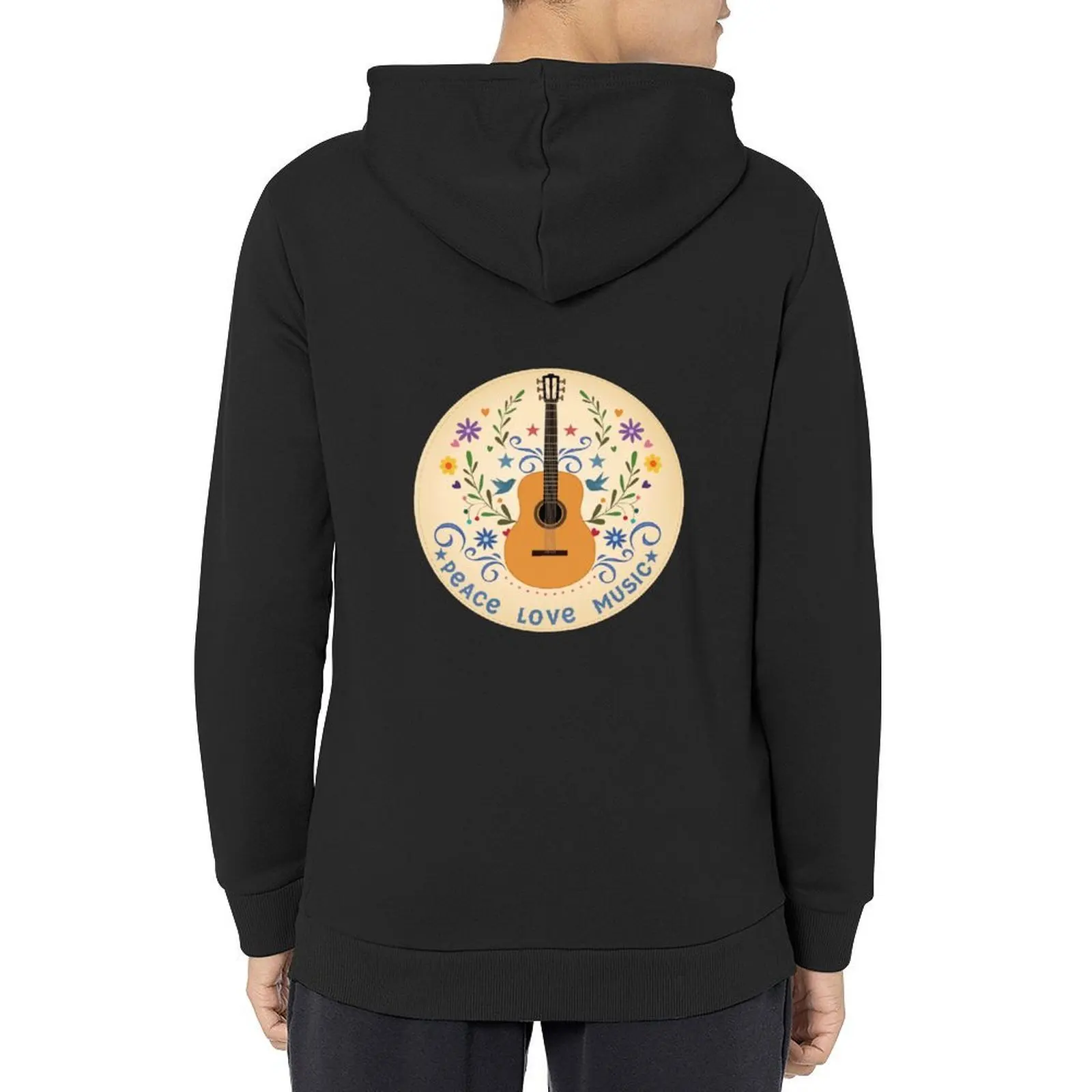 

Peace Love And Music Folk Guitar Badge Hoodie mens clothes hooded shirt autumn jacket men men's hoodie sweatshirt