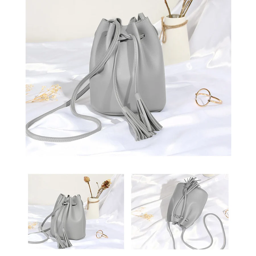 Casual women\'s drawstring tassel bucket bag female purse handbags pu leather single shoulder bag daily shopping bag sac a main