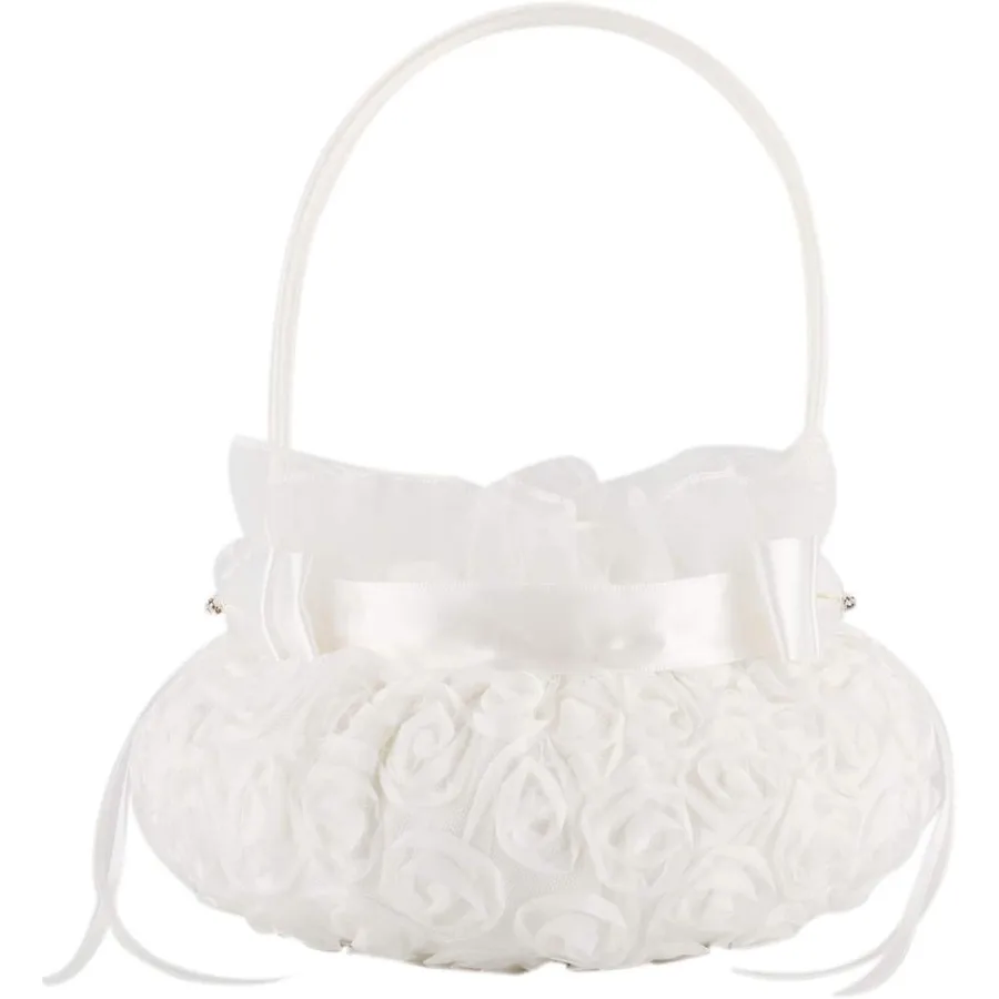 White Bowknot Silk Cloth Wedding Ceremony Party Rose Flower Girl Basket 5 Inches Elegant Decorative Accessory for Special Event