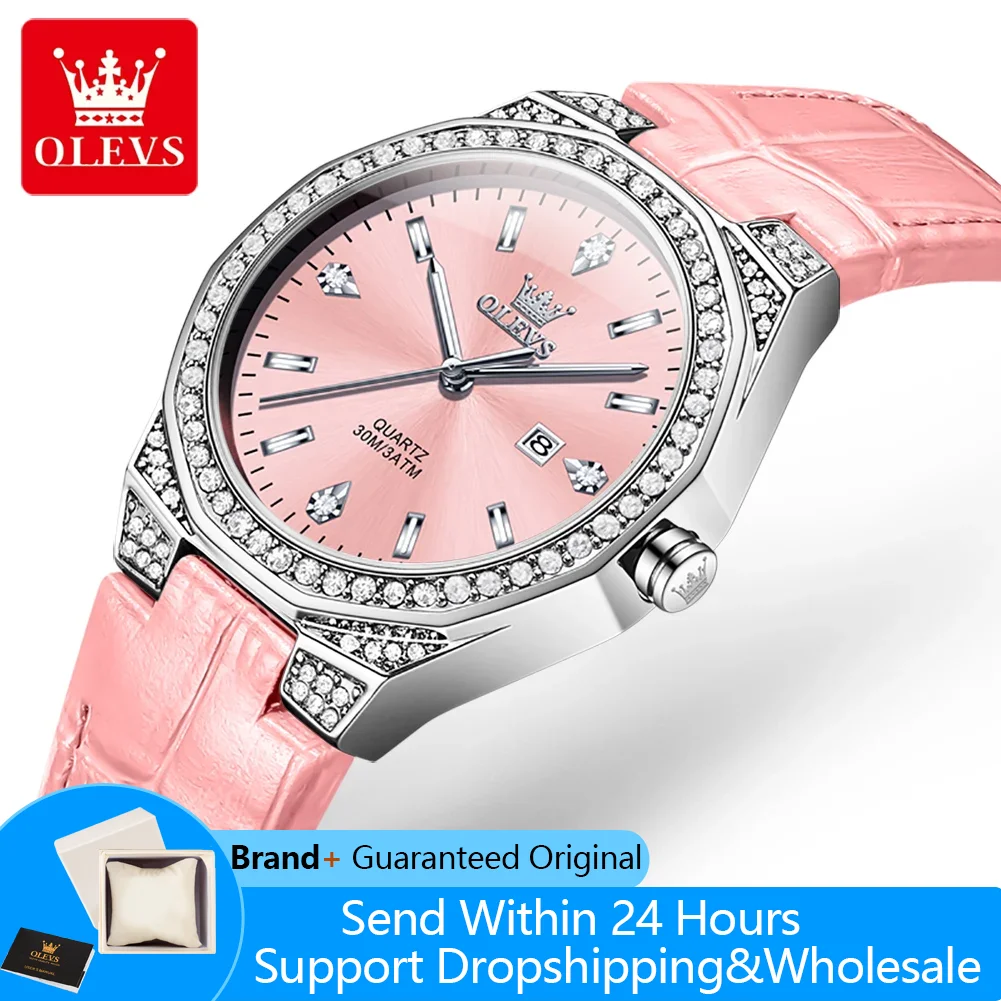 

OLEVS 5606 Original Quartz Watches For Women Fashion Luxury Diamond Dial Auto Date Waterproof Leather Strap Ladies Wristwatches
