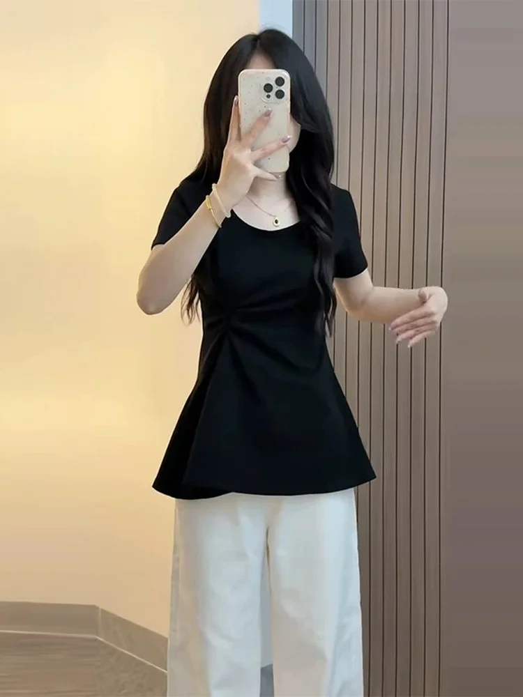 plus Size Spicy Girl Waist Cinched Short Sleeve T-Shirt Women Summer 300 Pounds Plump MM Slimming Asymmetrical Design Top