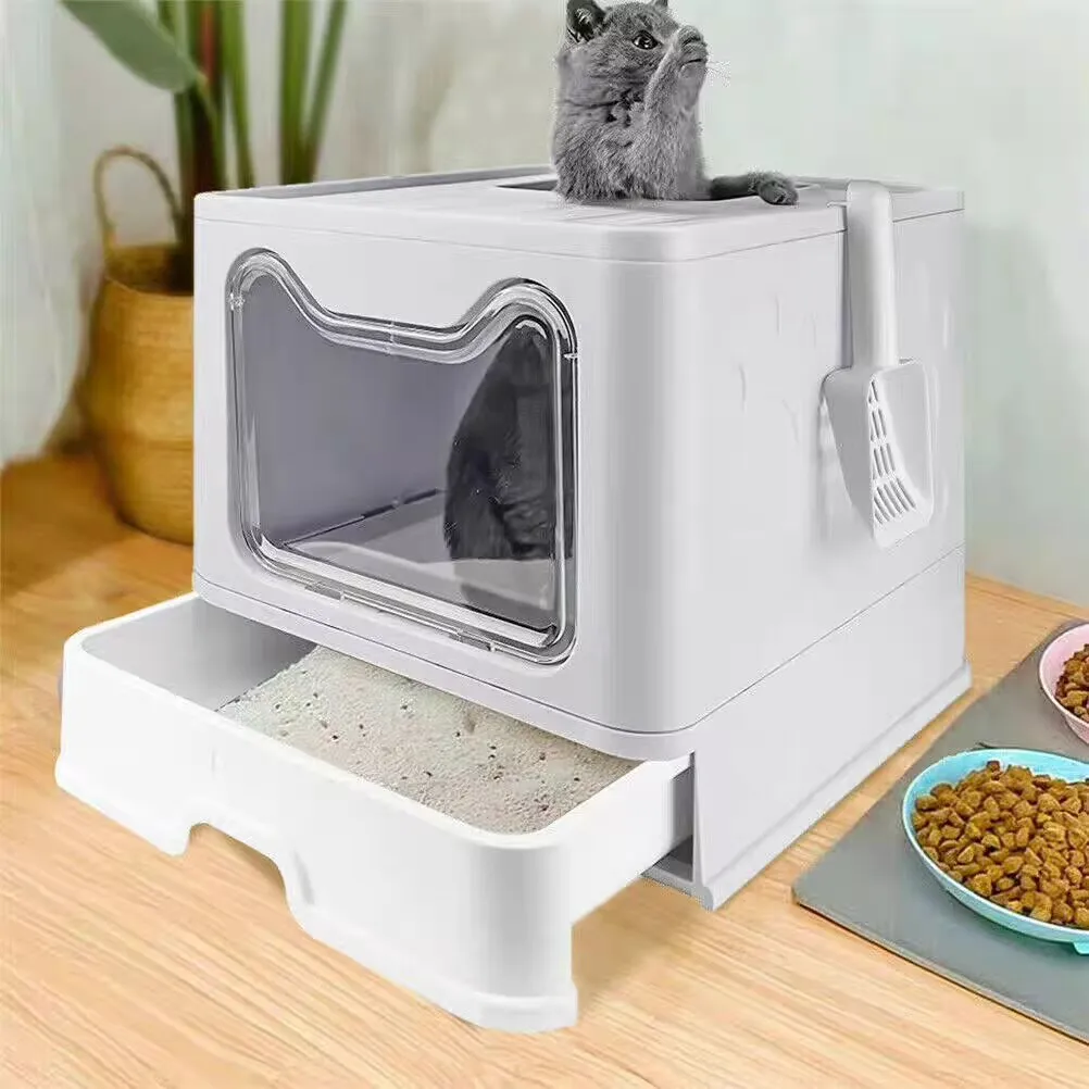 

Front Entry Top Exit Cat Litter Box with Lid Foldable Large Kitty Litter Boxes Cats Toilet Including Plastic Scoop