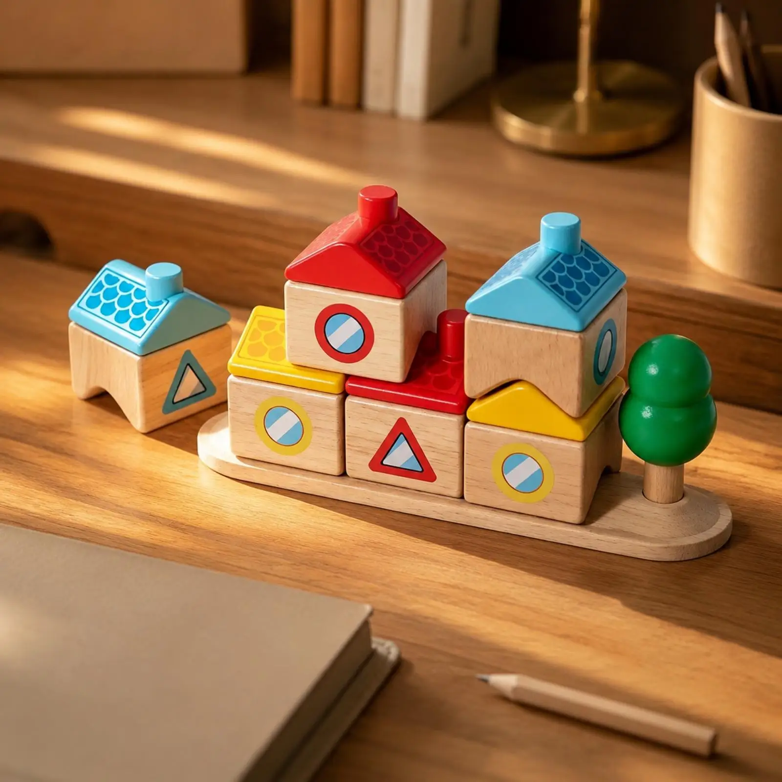 Montessori Wooden Toy for Kids Building Blocks Set with Tree Piece and Geometric Details Educational Stacking Game for Toddlers
