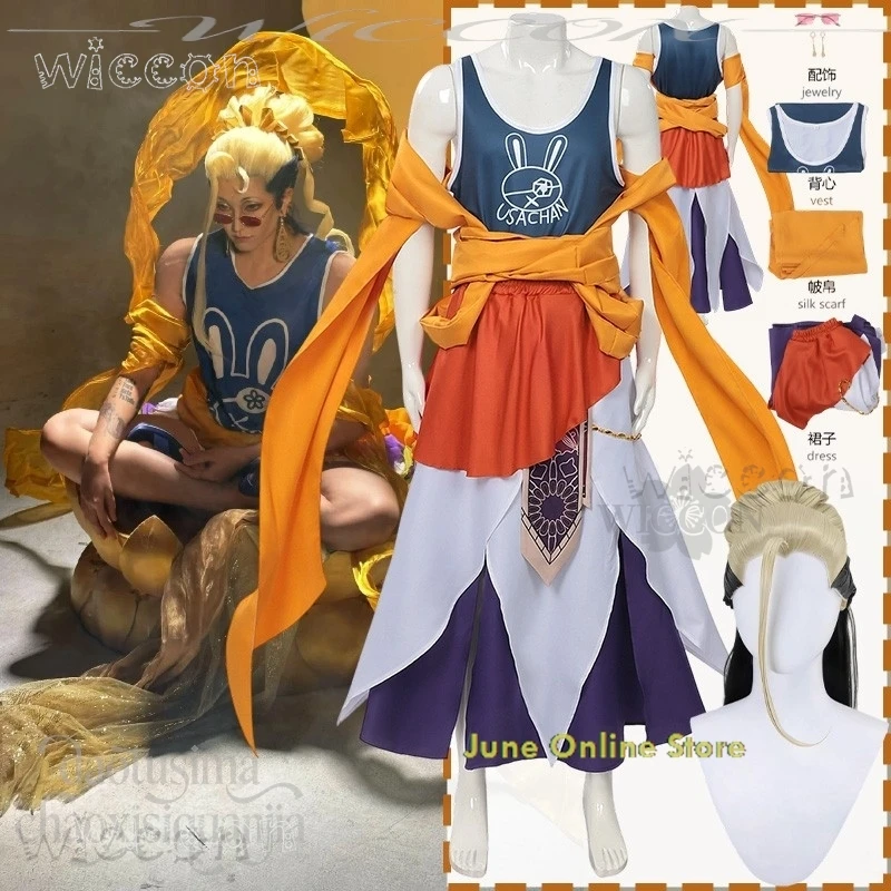 

Carnival disfraz adulto Recordd Anime Ragnarokk Cosplay Buddha Shaka Mythical Retro Clothing Vest Orange Scarf Sunglasses Earrin