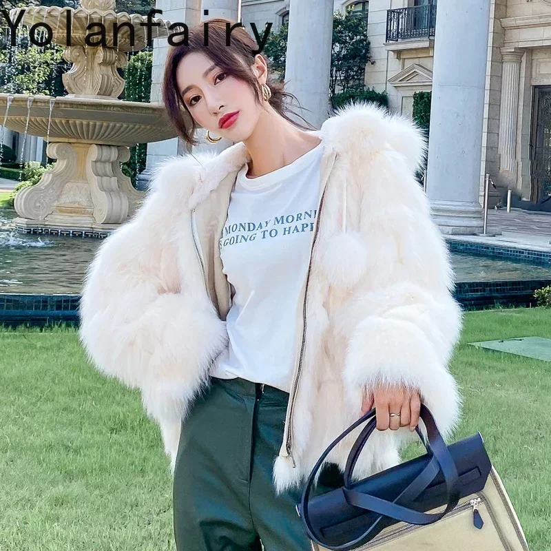 Real Fox Fur Coat Vintage Elegant Hooded Female Jacket Autumn Winter Women's Jacket 2024 Women's Coats Casacos Feminino Zjt1223