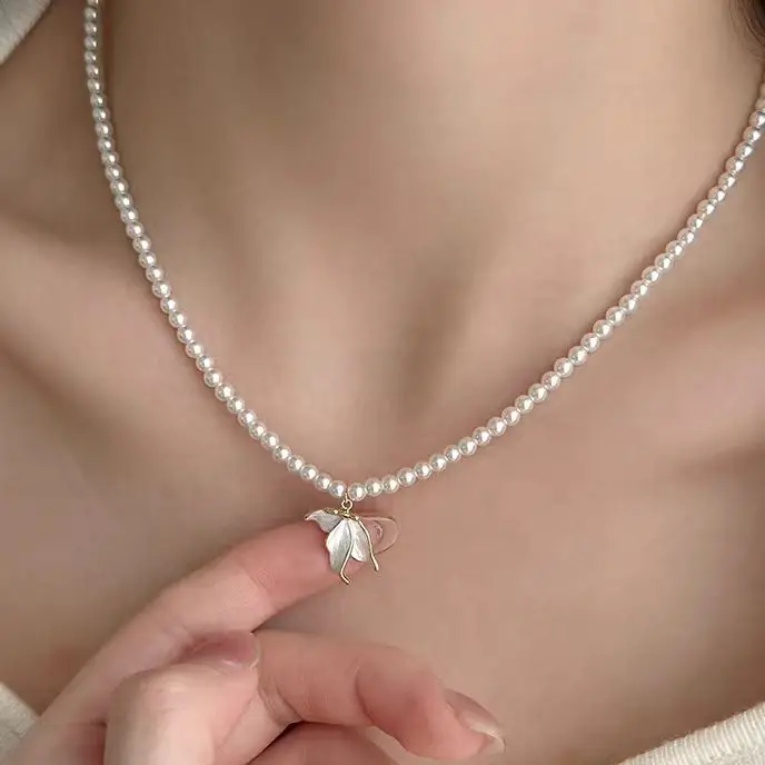 Ventfille-女性用フィッシュテールネックレス,925スターリングシルバー,ナチュラルパール,グレースビーズチェーン,甘い宴会ジュエリー,ドロップシッピング