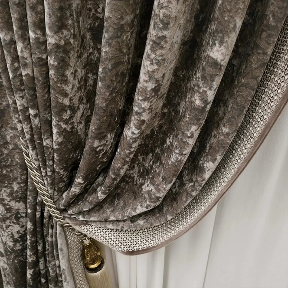 French Light Luxury Gray-blue Curtain for Living Dining Room Bedroom Villa Modern High-end Velvet High-end Retro Custom Size