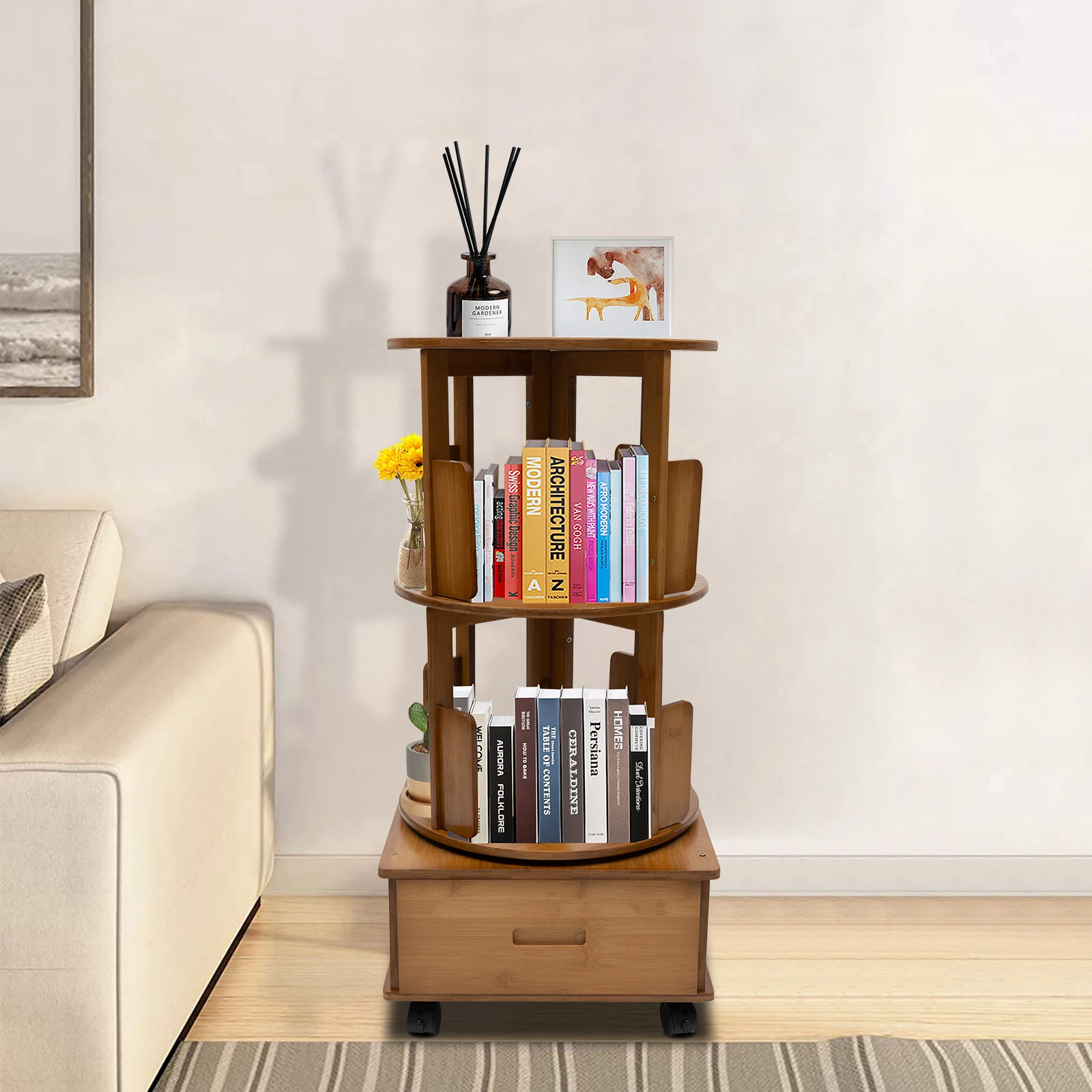 CNCEST Rotating Bookshelf with Storage Drawer 360 Display Wood Spinning Bookshelf Storage Rack Side Table with Rolling Wheels