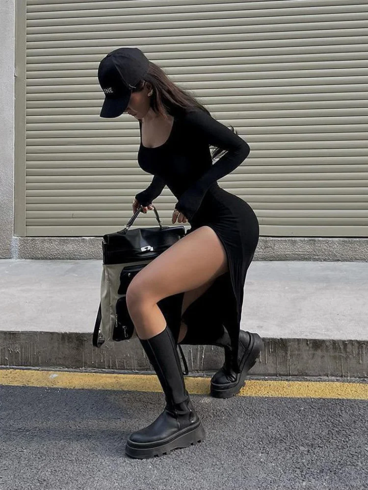 Com nervuras sólido manga longa pescoço quadrado vestido de comprimento médio sexy fenda lateral festa à noite elegante vestidos das senhoras bodycon