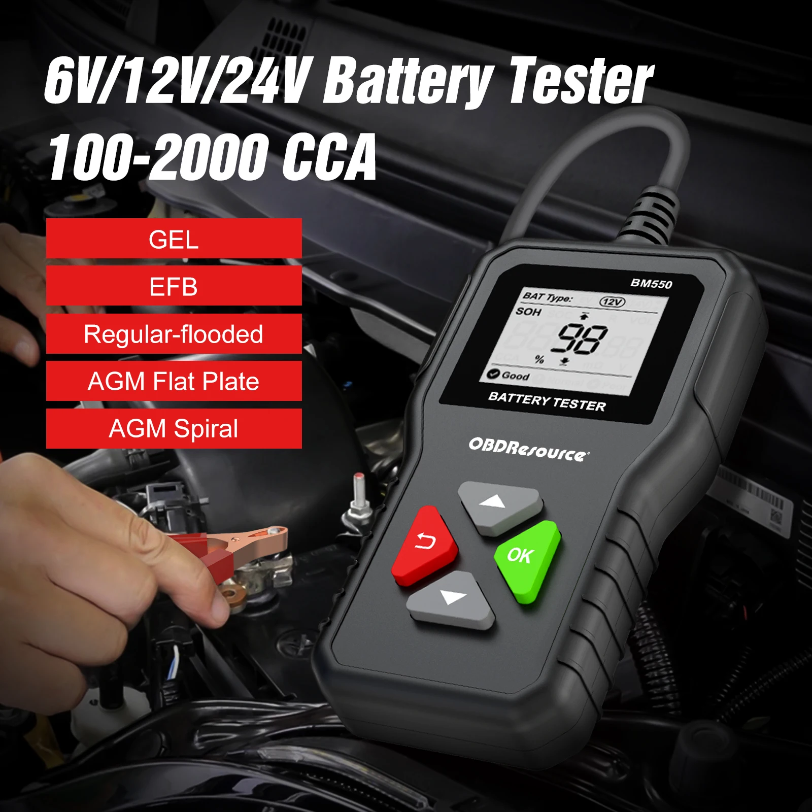 OBDMonster Auto Battery Analyzer BM550 Car Battery Tester 6V 12V 24V 100-2000 CCA Battery System Detect Car Battery Tools