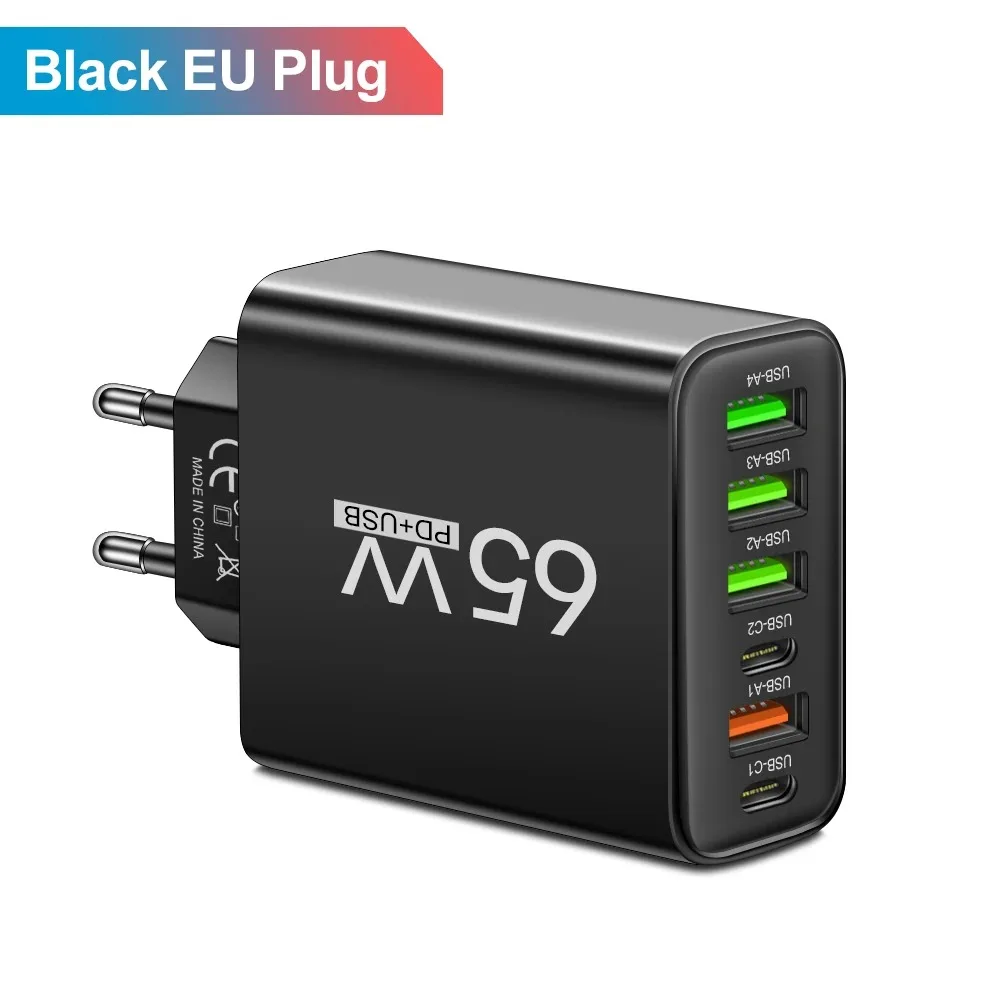 Multi-poorten 65W USB-oplader Snel opladen Type C Telefoonopladeradapter voor iPhone Samsung Xiaomi Huawei EU / US-stekker Wandoplader