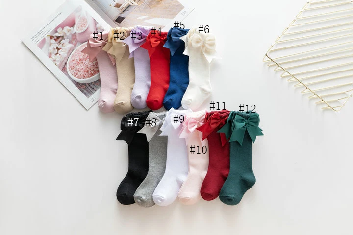 20pair Girls Solid Socks With Bows 100% Cotton Baby Children Spanish Socks Toddlers Long Socks Kids Princess Knee High Socken